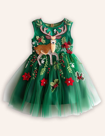 Festival Floral Reindeer Embroidered Tulle Dress
